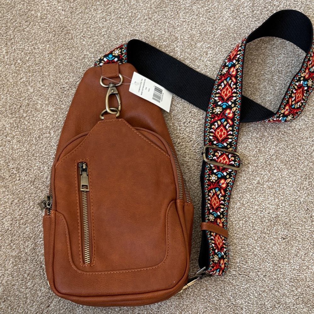 Brown Sling Bag with Patterned Strap